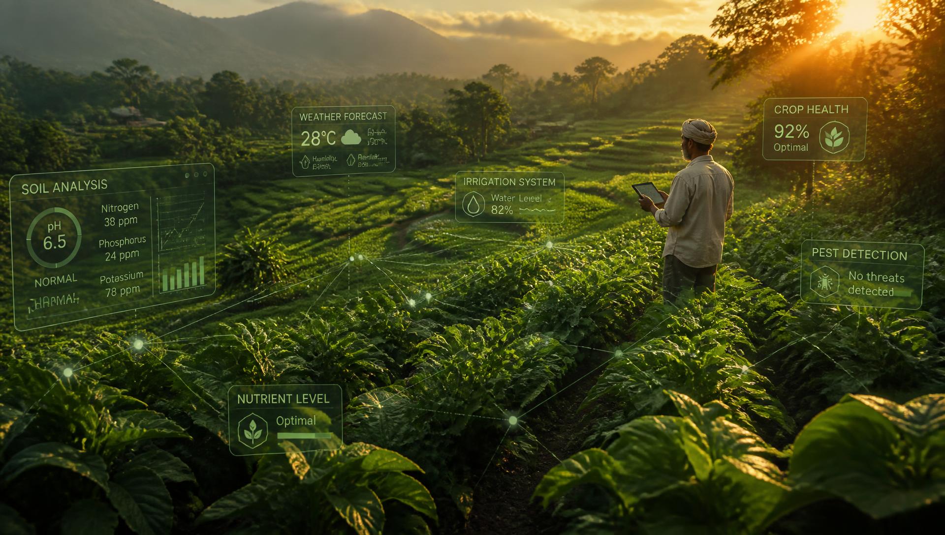 Farmer reviewing crop data on a tablet beside terraced green fields at sunrise